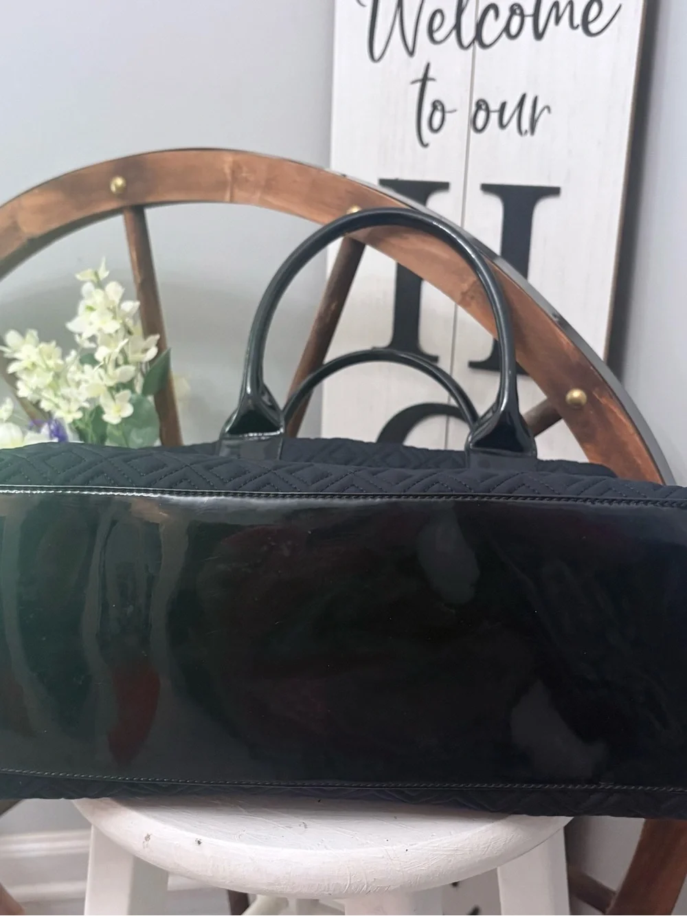 TORY BURCH Black Quilted Satchel Tote with side buttons